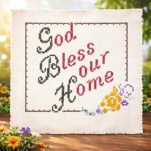 Vintage Vogart Cross Stitch Sampler "God Bless Our Home” 12" x 12” Cottagecore